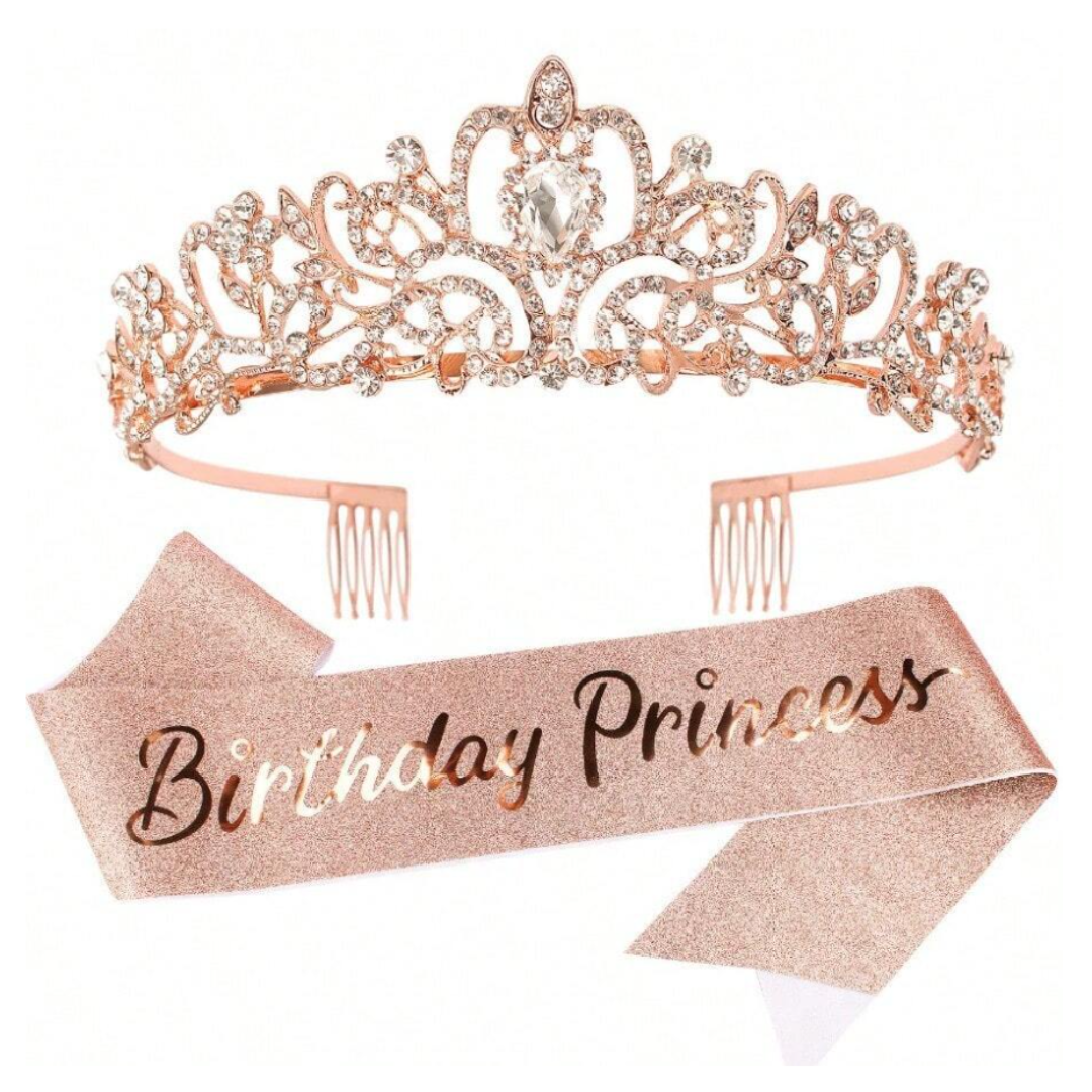 Rose Gold Birthday Princess Sash and Crown Set