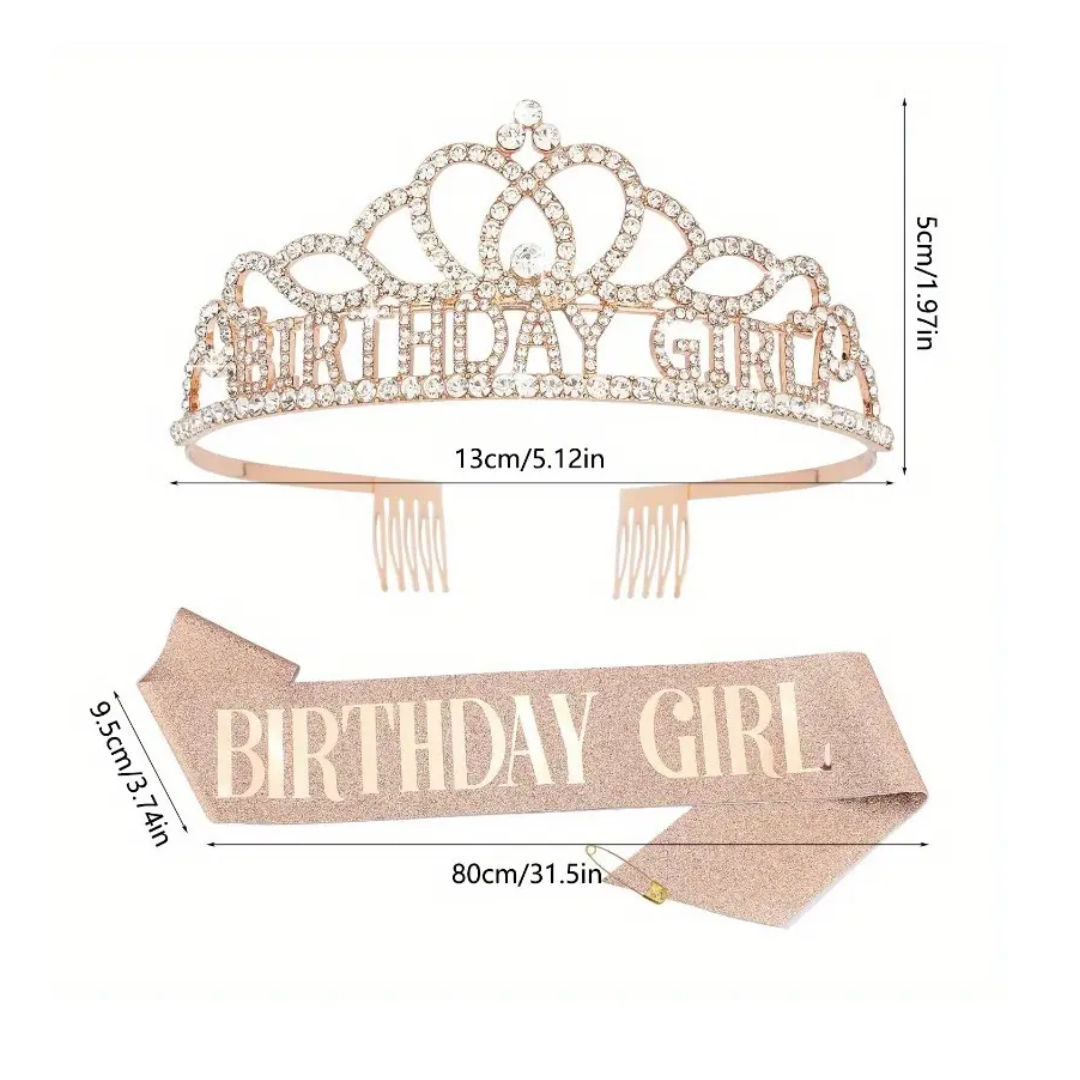 2pcs Rosegold Birthday Girl Sash and crown