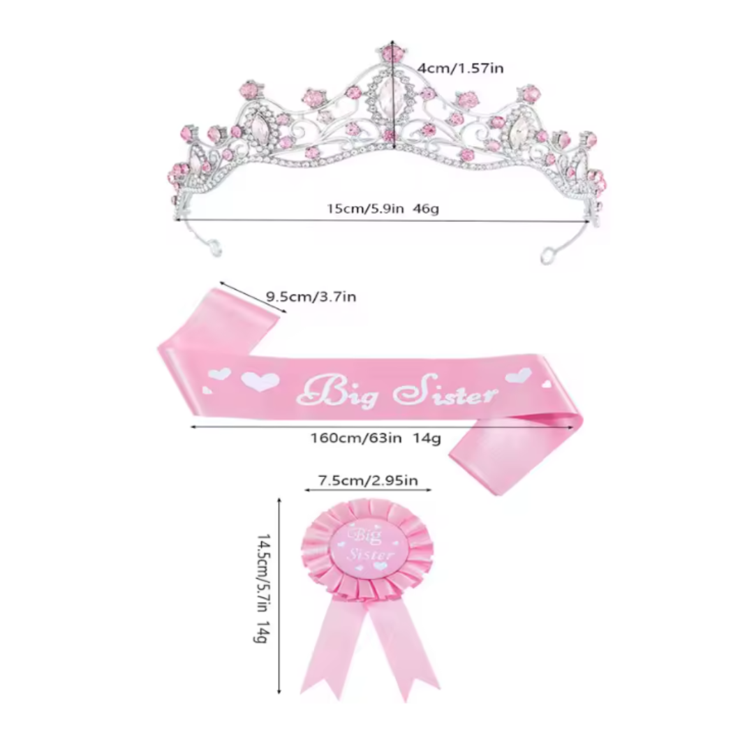 3pcs Big Sister Sash, Badge and Tiara Crown Set