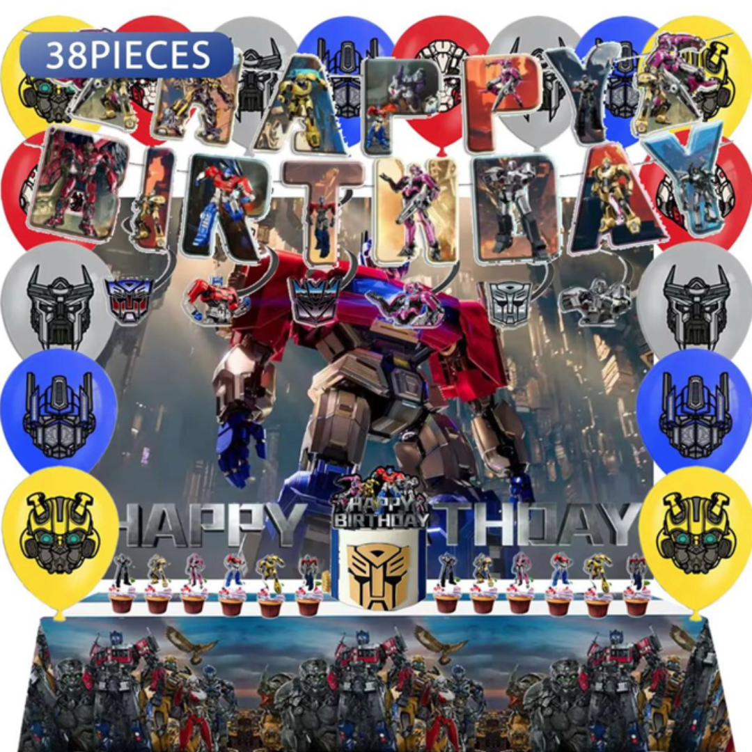 38pcs Transformer Birthday Decorations Kit with Backdrop and Table Cover