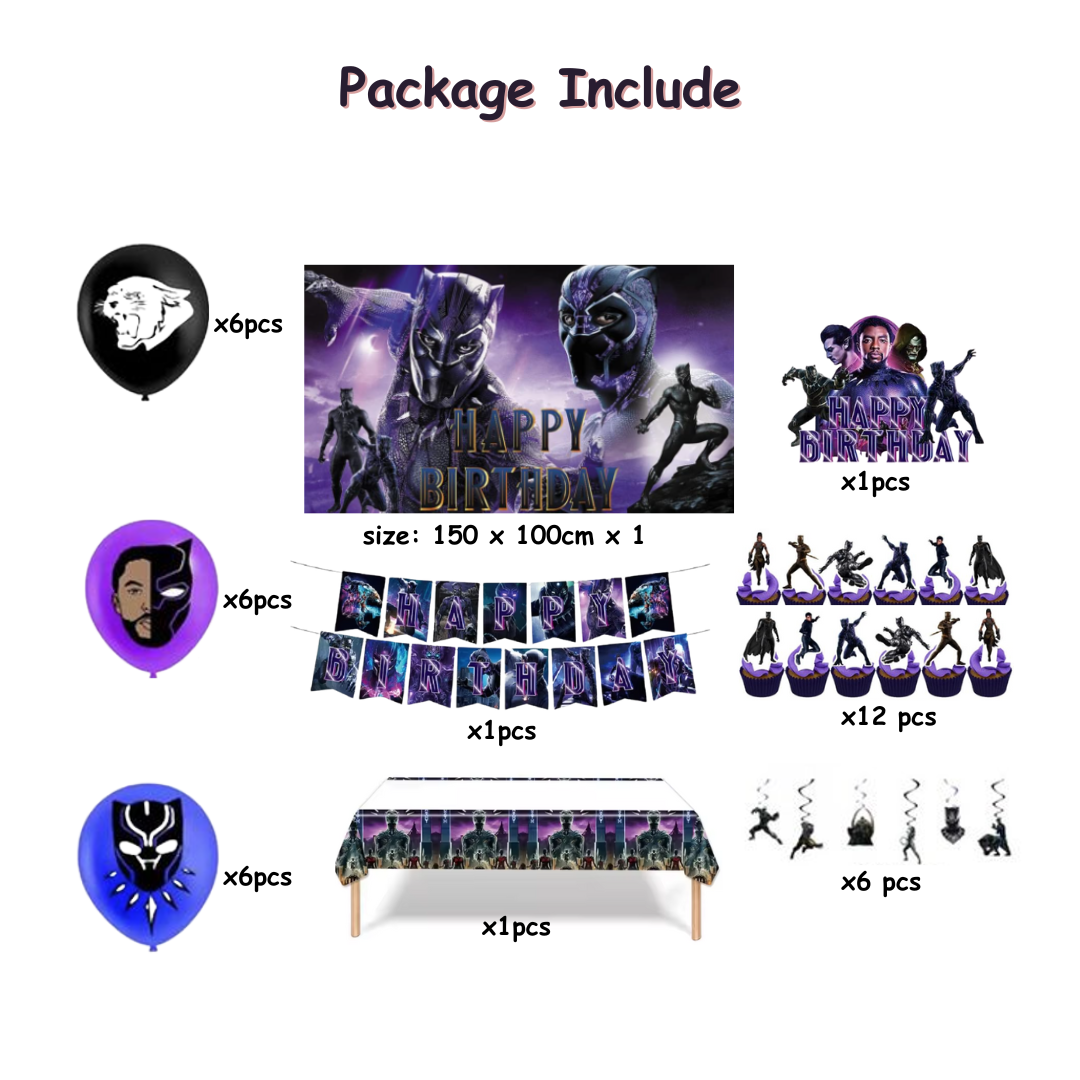 40pcs Black Panther Birthday Decorations Kit with Backdrop and Table Cover