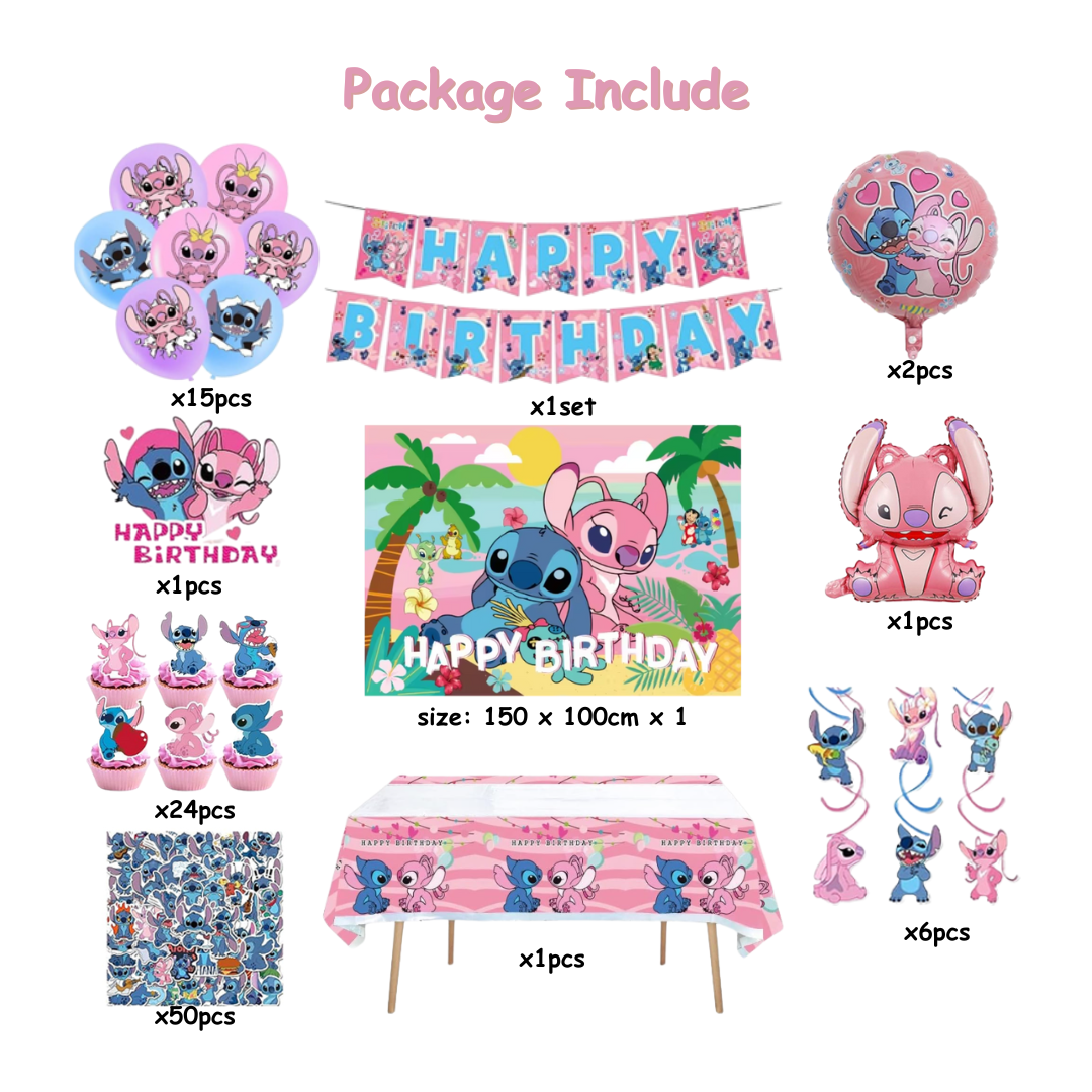 102pcs Pink Girl Stitch Birthday Decorations with Backdrop and Table Cover