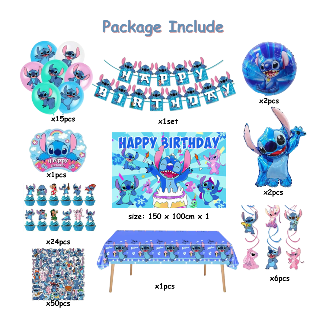 104pcs Blue Boy Stitch Birthday Decorations with Backdrop and Table Cover