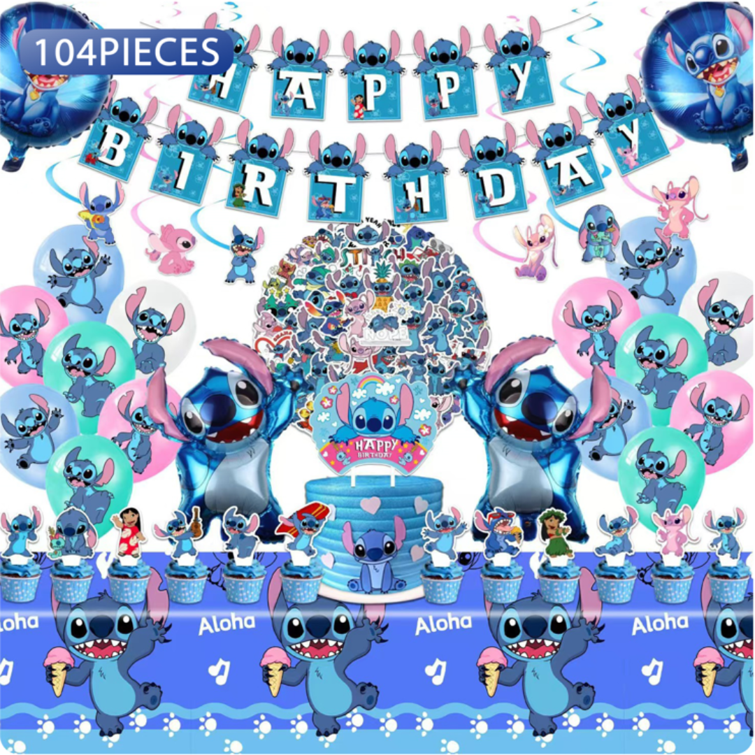 104pcs Blue Boy Stitch Birthday Decorations with Backdrop and Table Cover