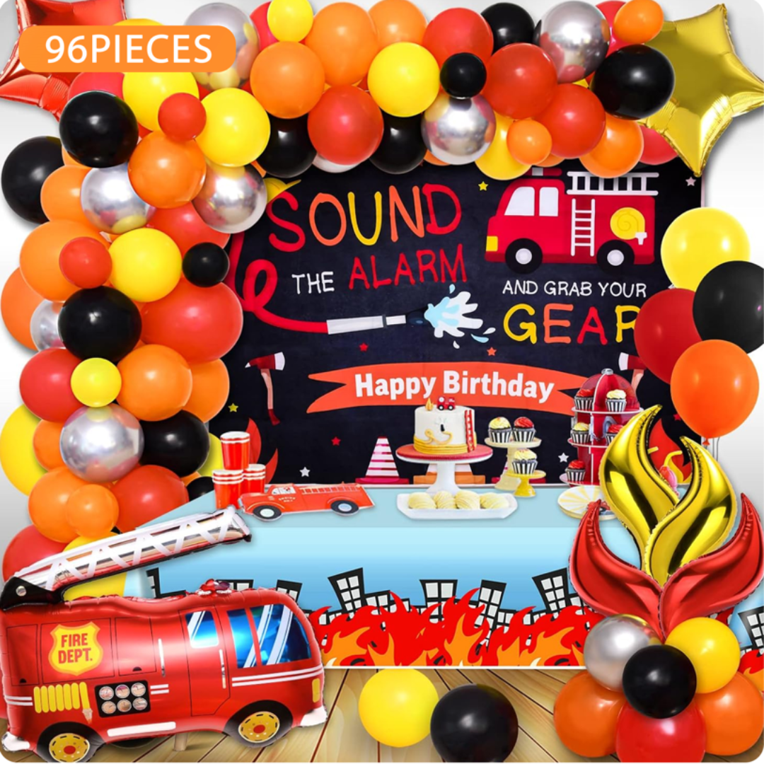 96pcs Fire Truck Birthday Decoration Kit with Backdrop and Table Cover