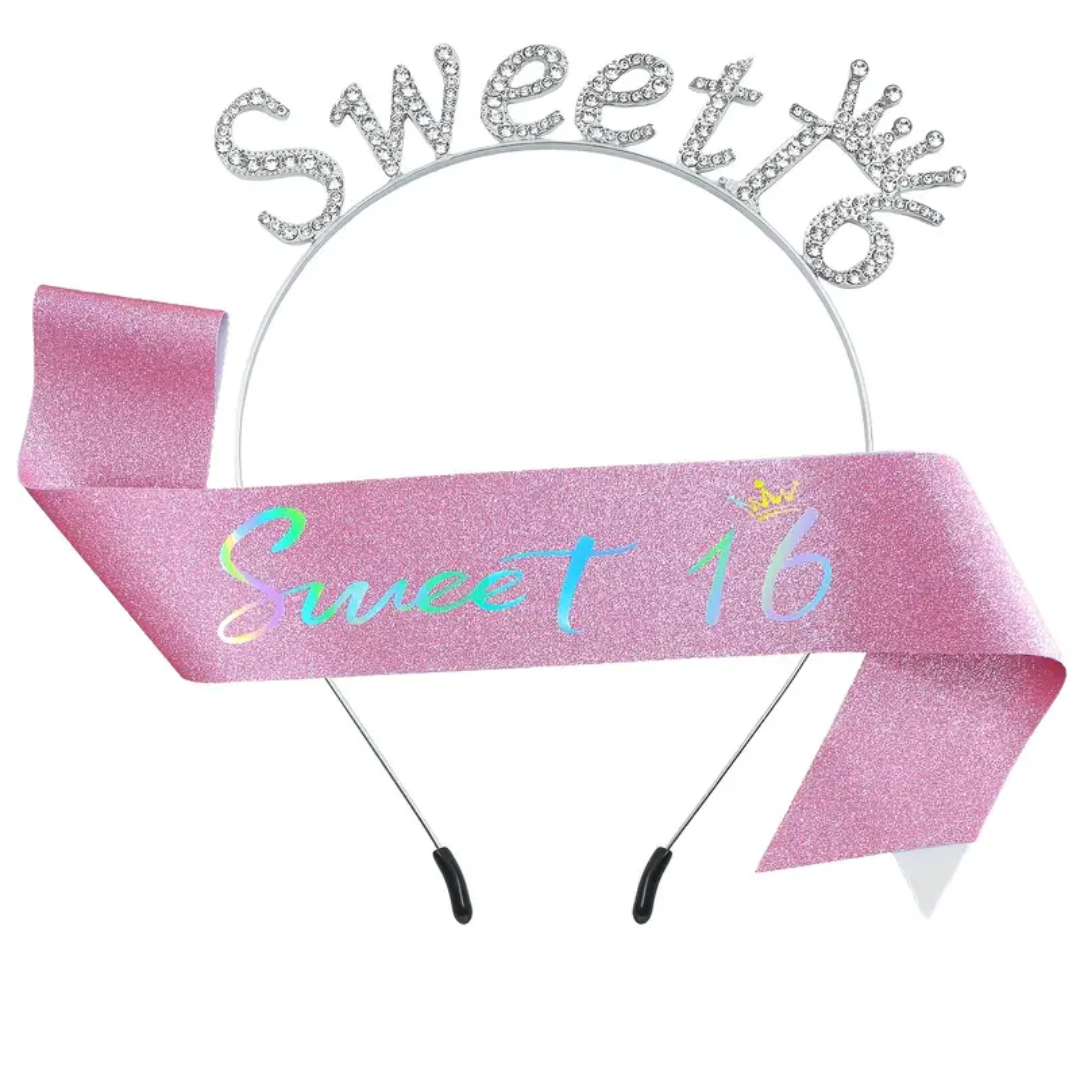 2pcs Set, Sweet 16, 16th Birthday Headband and Sash
