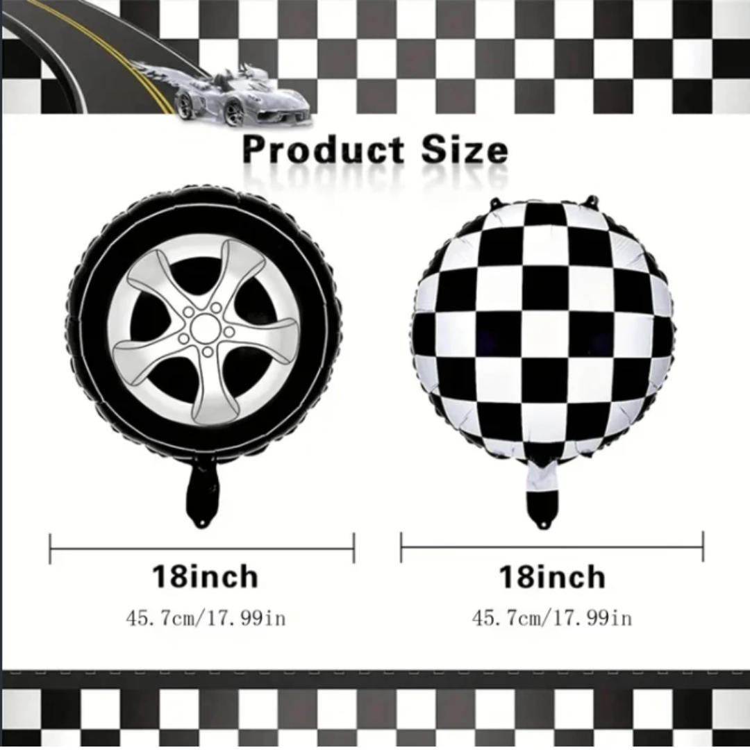 12pcs Checkered Balloon and Racing Car Tire Foil Balloon