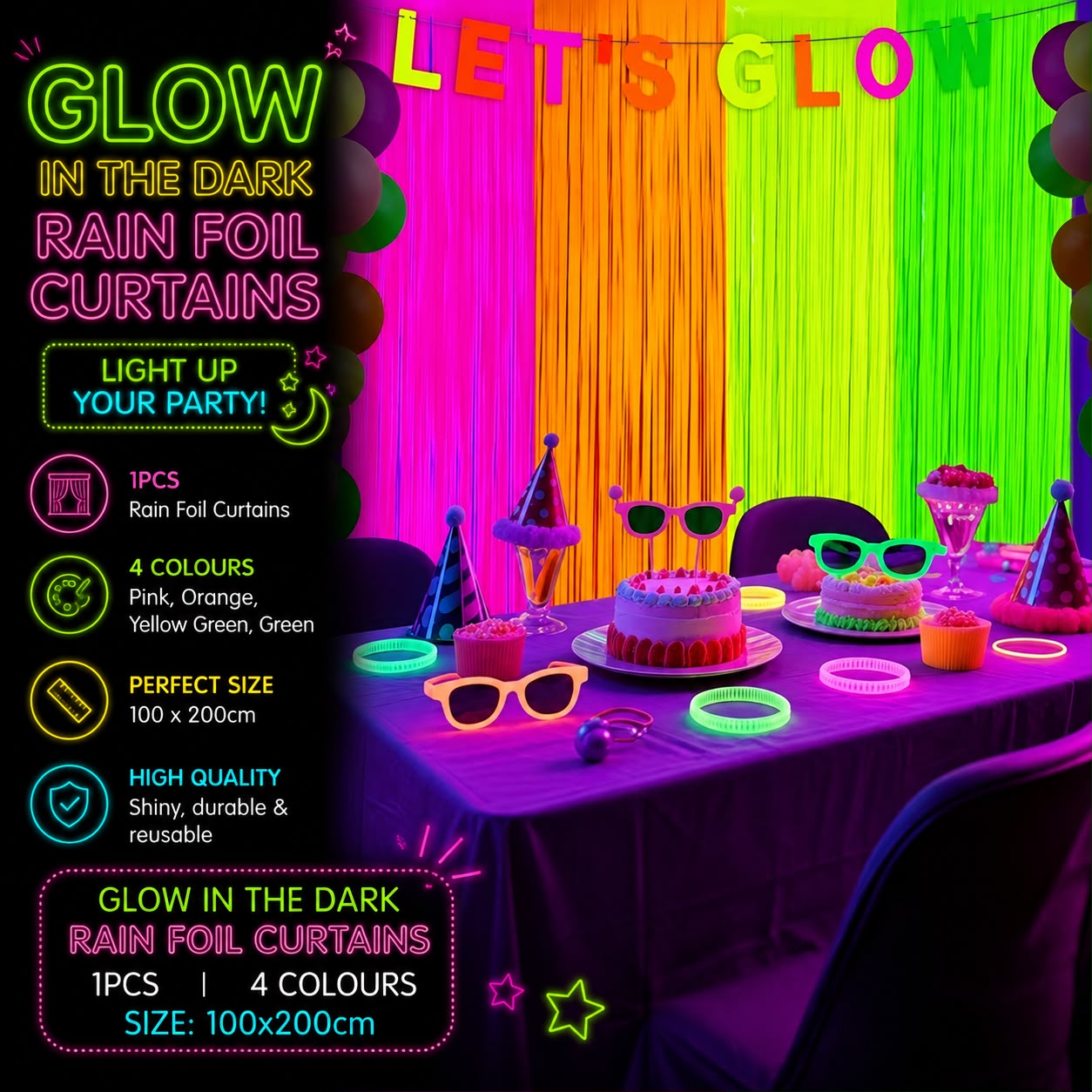 1pcs Glow in the Dark Neon Fluorescent Rain Foil Curtains