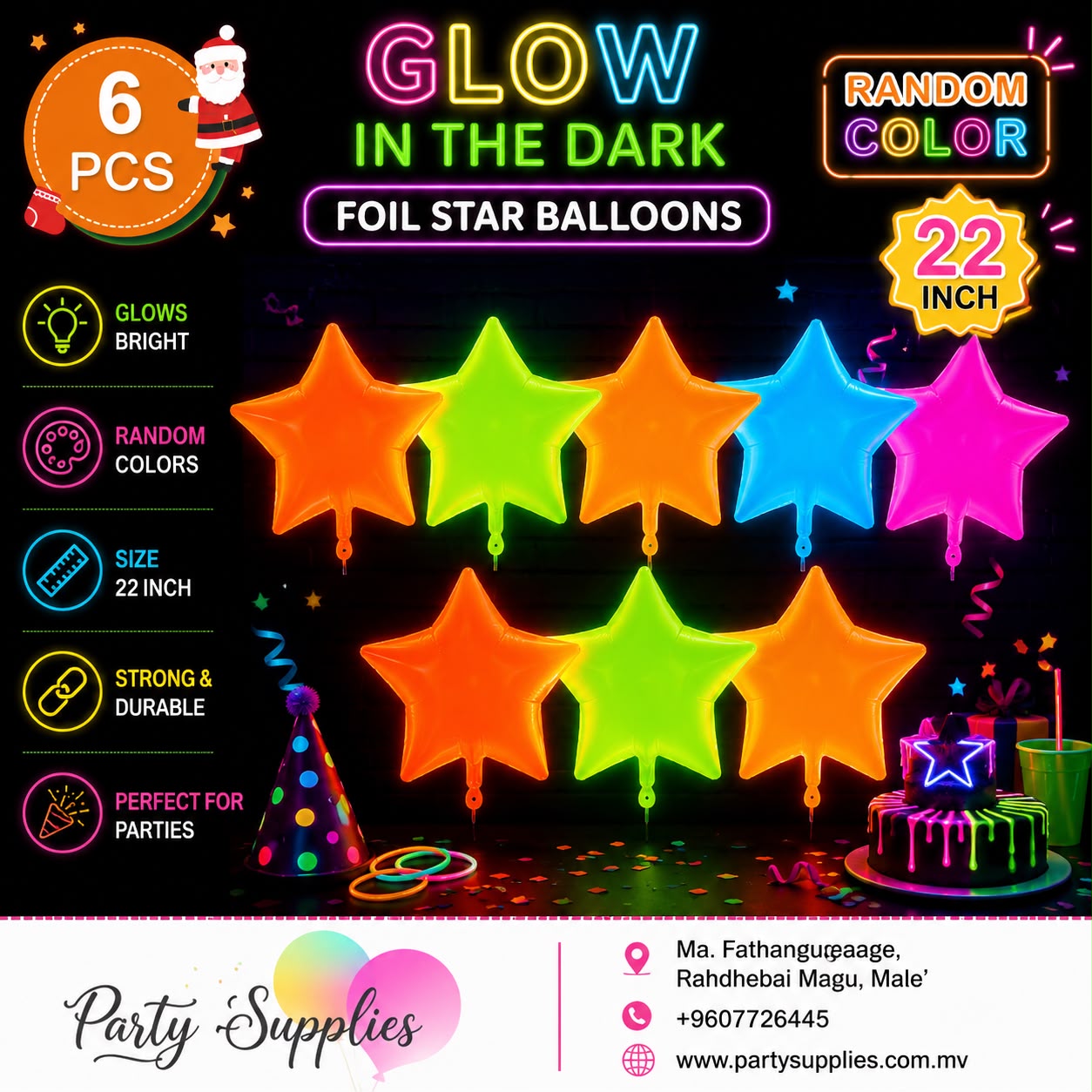 6pcs Glow in the Dark Neon Fluorescent Random Colour 22inch Foil stars