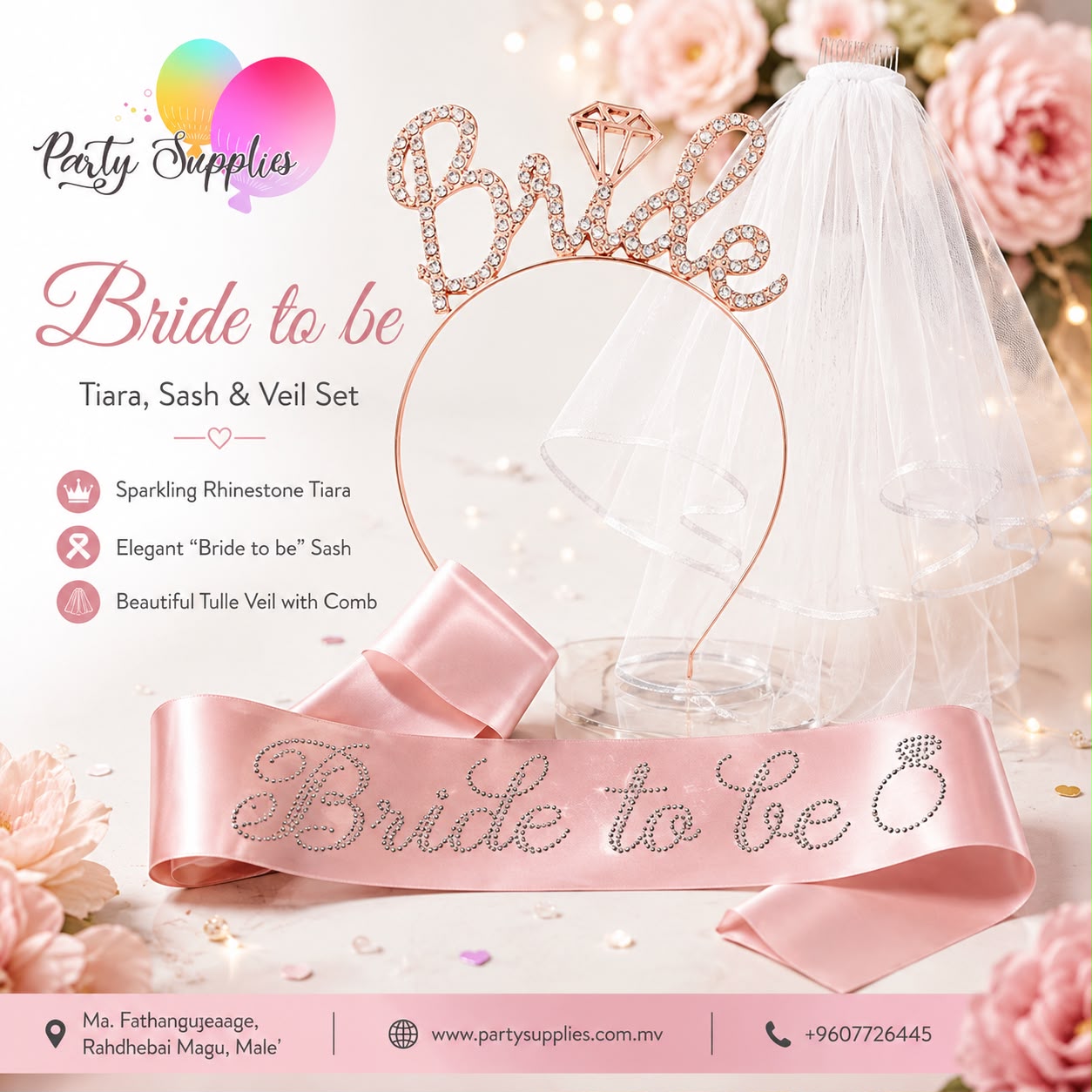 3pcs Rose Gold Sash with Crystal Bride To Be, Rhinestone Tiara and Tulle Veil Set
