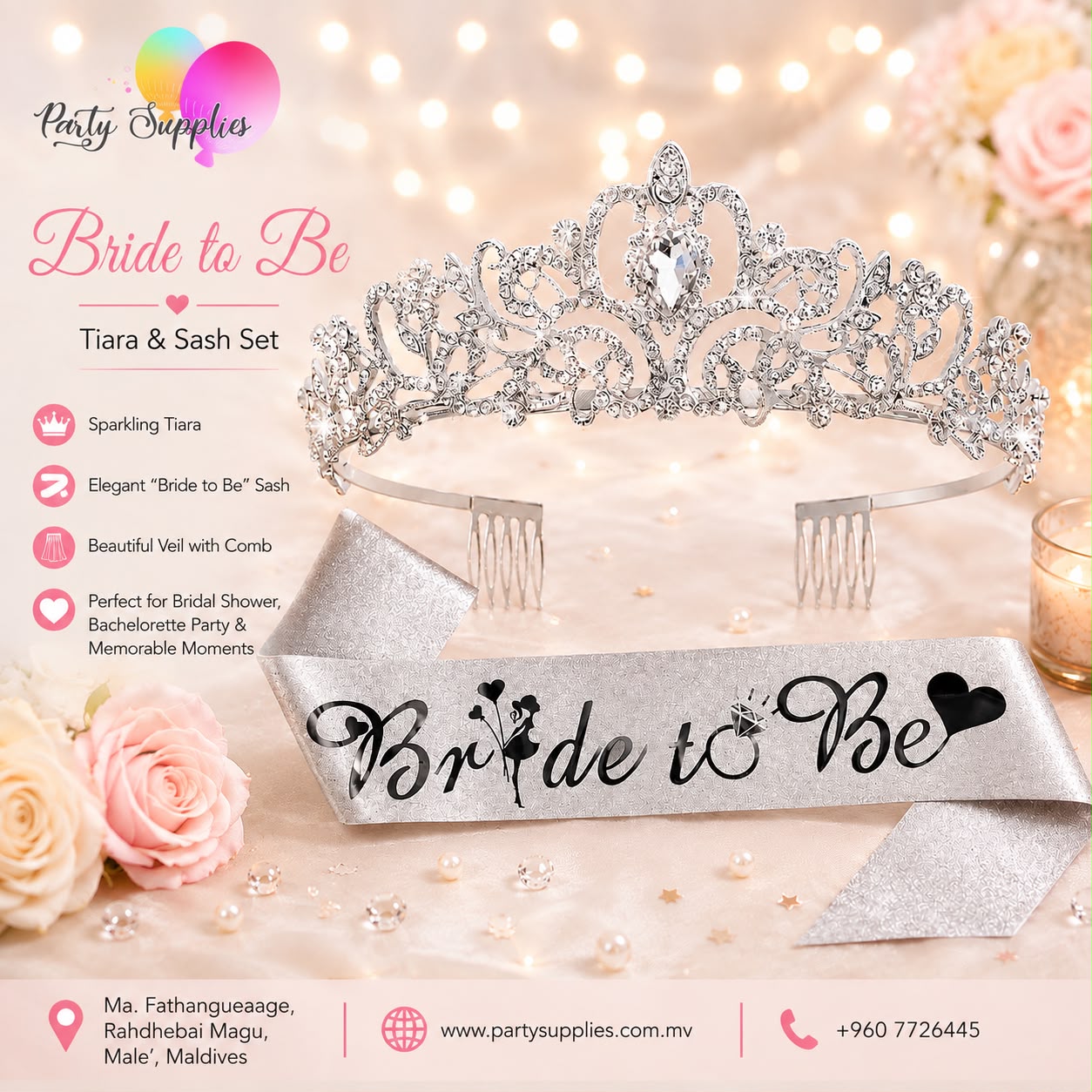 Glitter Silver Sash with Black Bride to Be and Rhinestone Bridal Crown Set