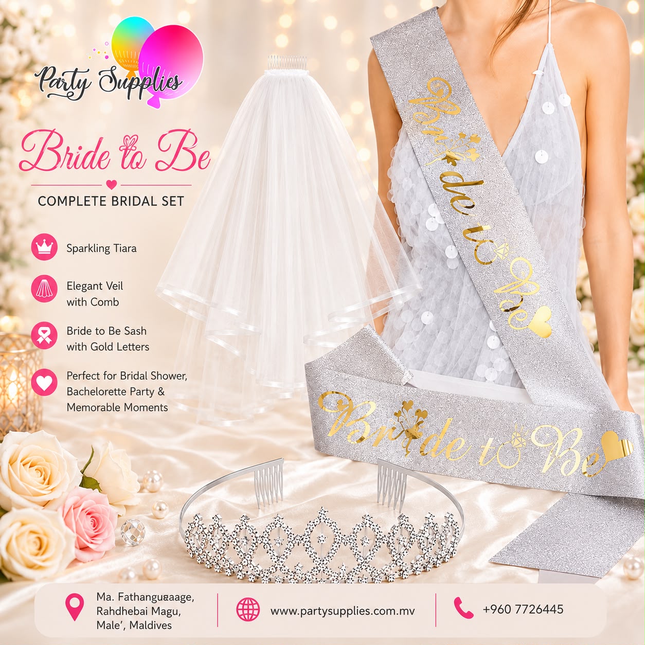 3pcs Glitter Silver Sash with Gold Bride to Be, Rhinestone Bridal Crown and Veil Set