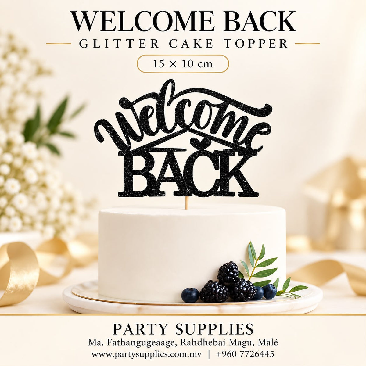 Black Welcome Back Glitter Cake Topper