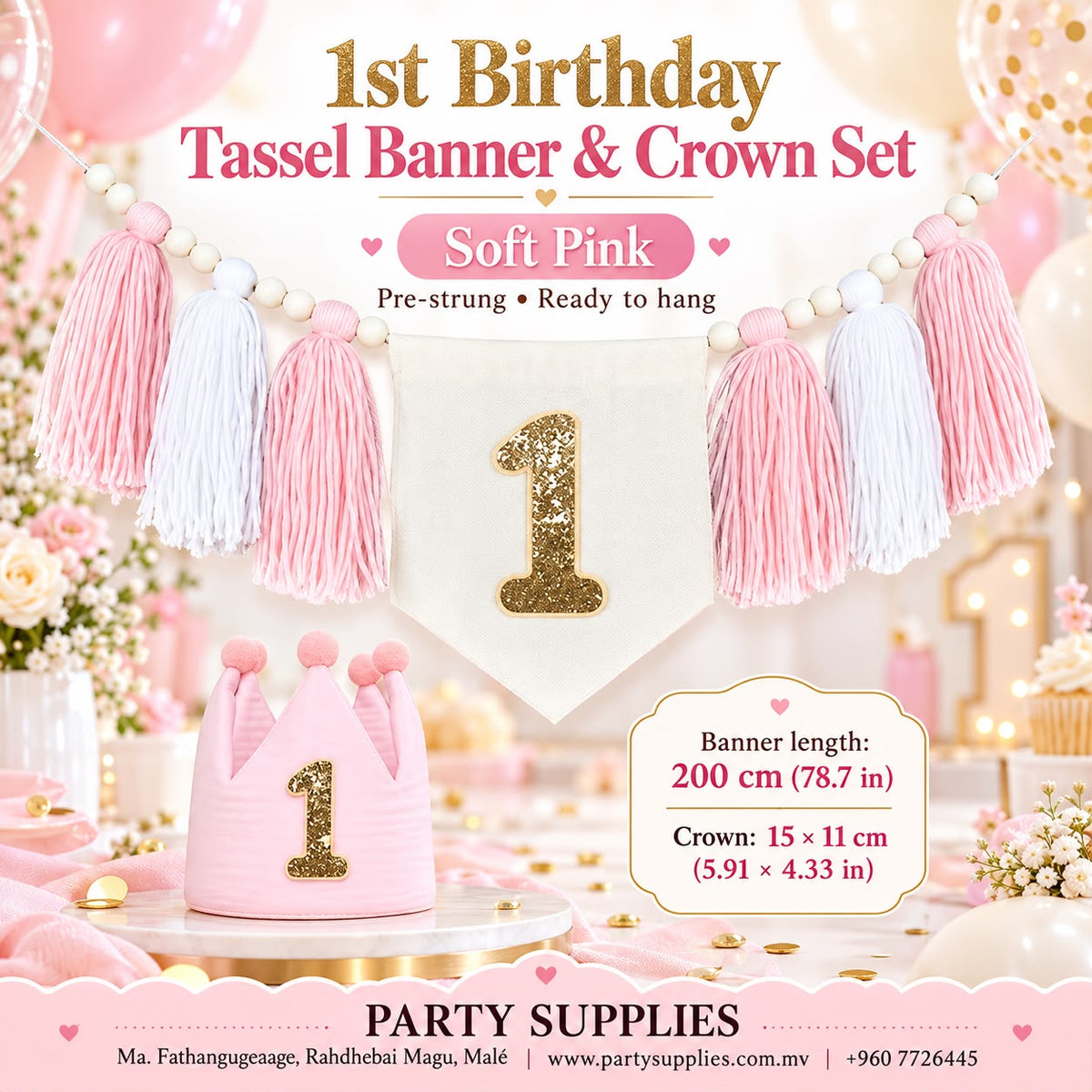 Soft Pink 1st Birthday Tassel Banner & Crown Set