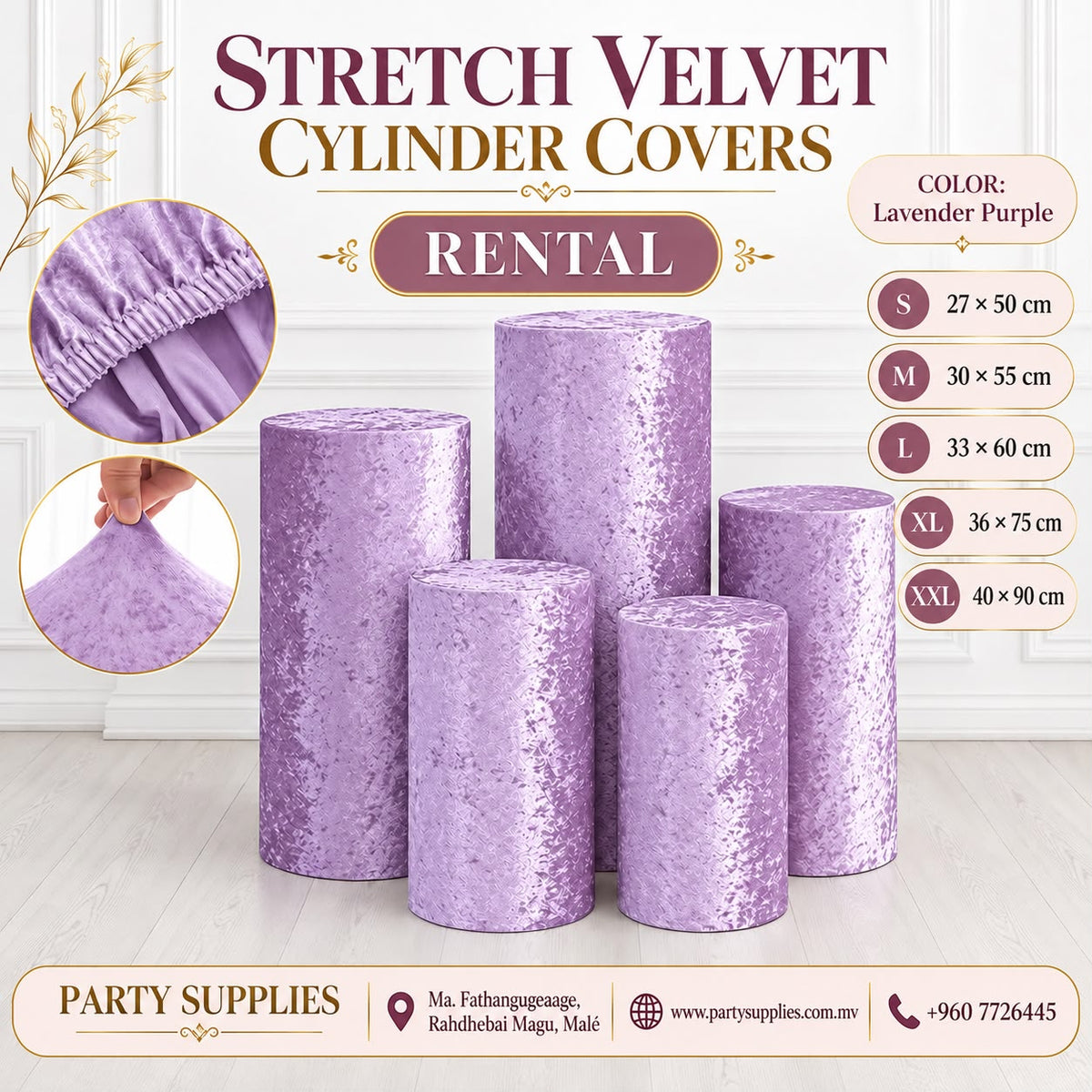 Lavender Purple Stretch Velvet Cylinder Covers for RENT