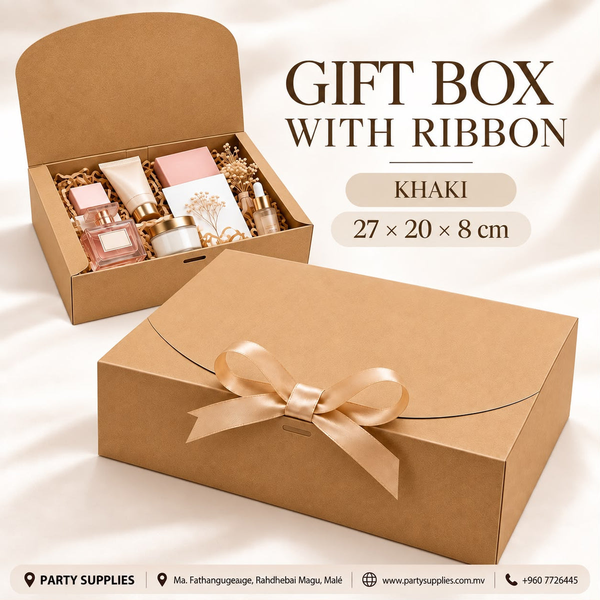 1pcs Khaki Gift Box with Ribbon (27 x 20 x 8cm)