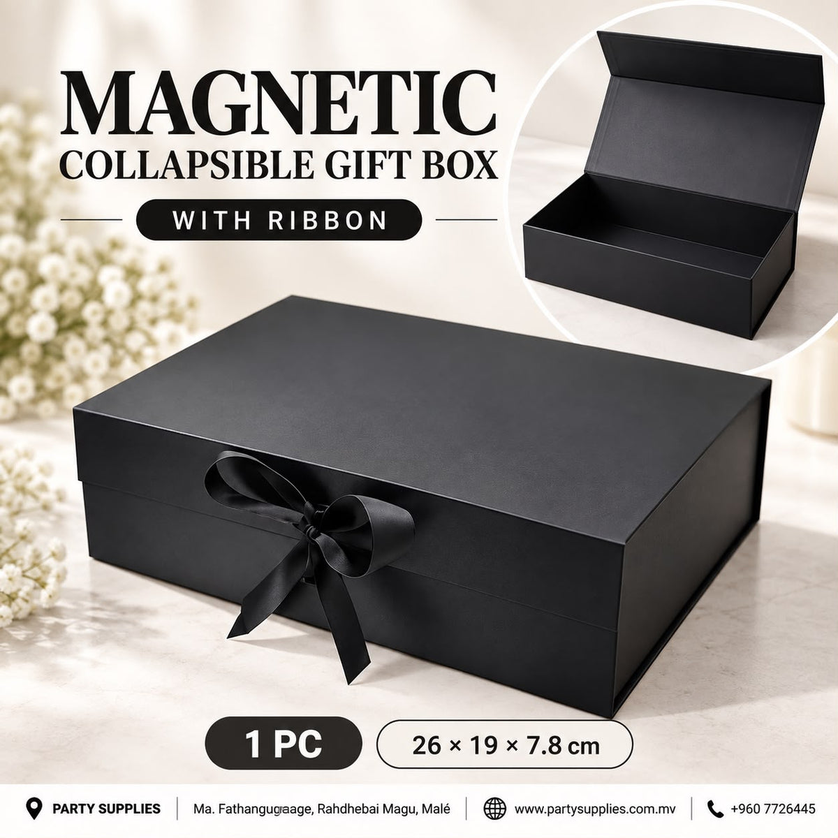 Black Magnetic Collapsible Gift Box with Ribbon (26 ร 19 ร 7.8 cm)