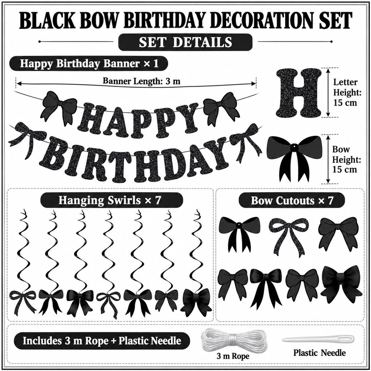 Black Bow Birthday Decoration Set