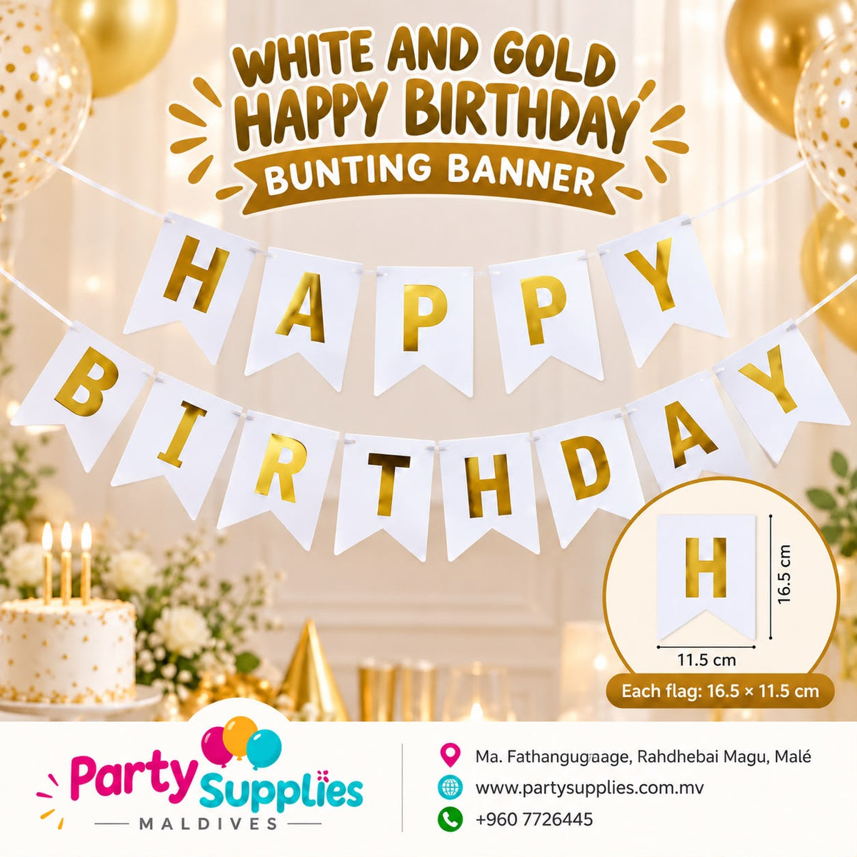 White and Gold Happy Birthday Bunting Banner