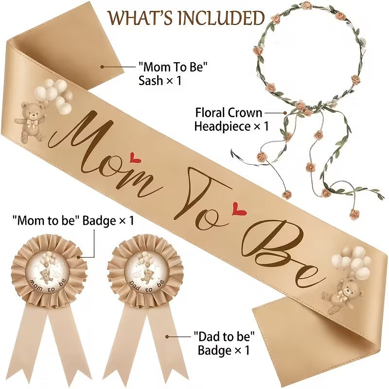 4pcs Bear Themed Golden Brown Mom to Be Dad to Be Sash Badge and Headband Set