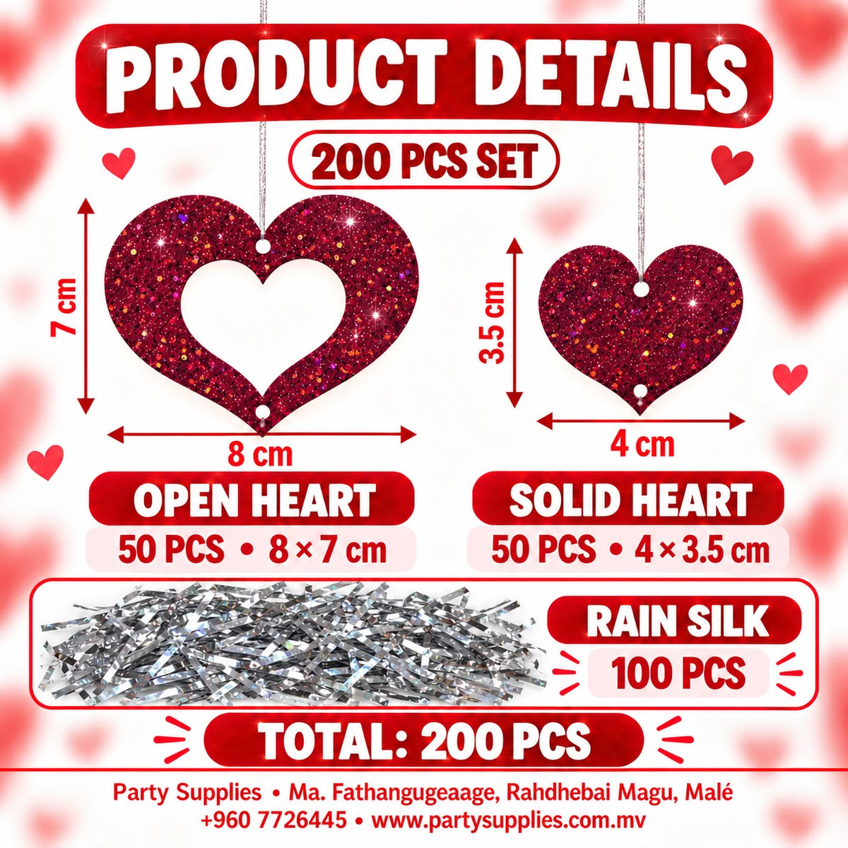 200pcs Wine Red Glitter Heart Hanging Decorations