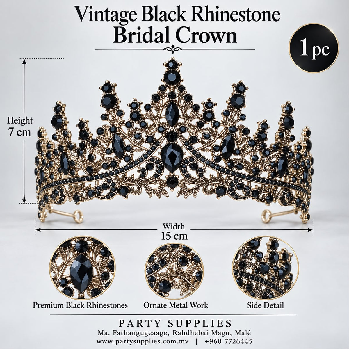 Vintage Black Rhinestone Bridal Crown