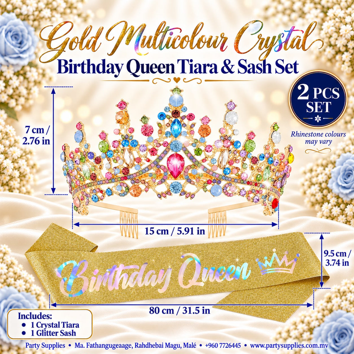 Gold Multicolour Crystal Birthday Queen Tiara & Sash Set