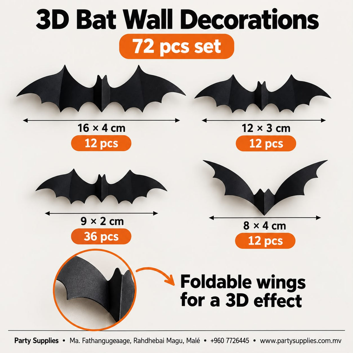 3D Bat Wall Decorations – 72 pcs Set