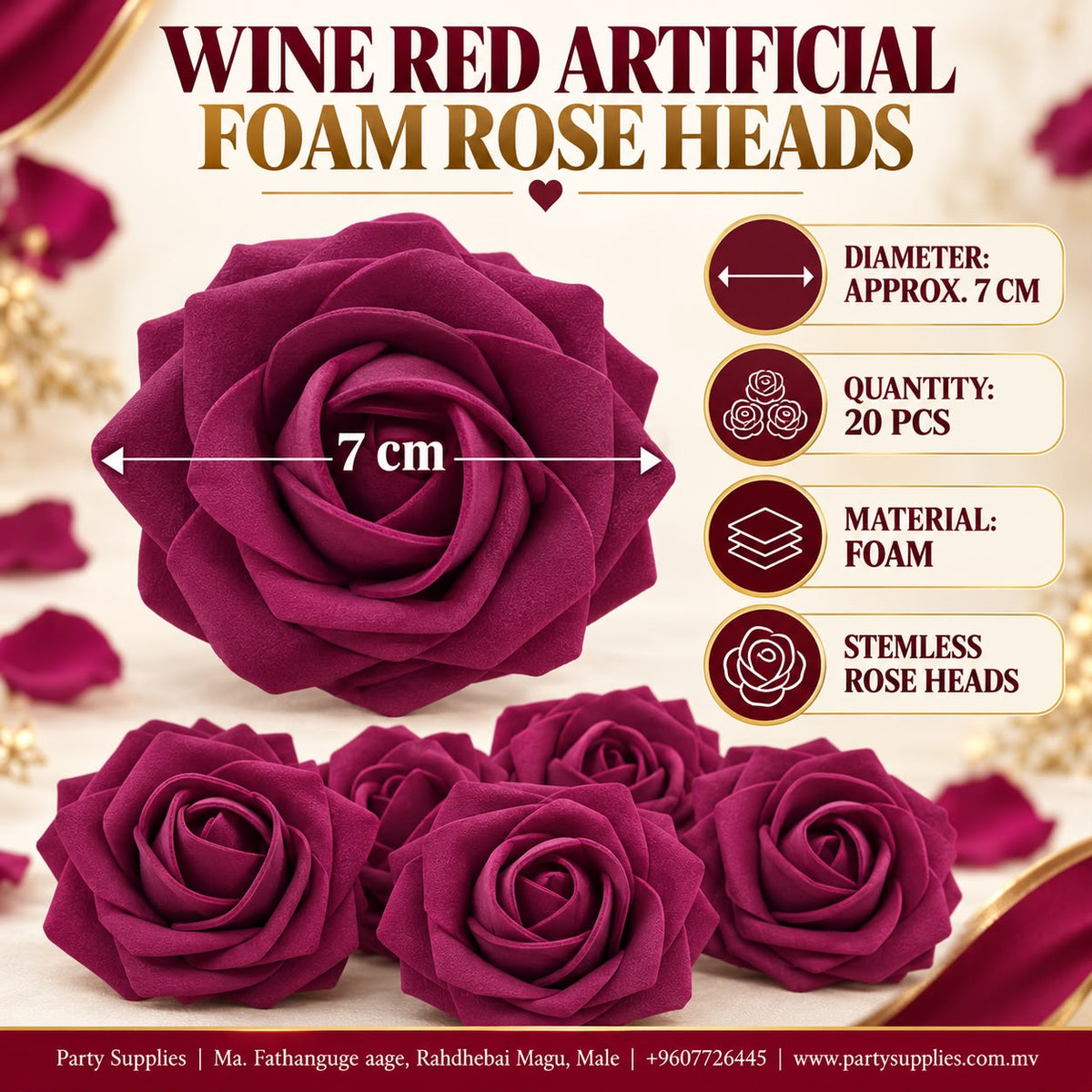 Wine Red Artificial Foam Rose Heads – 20 pcs Set