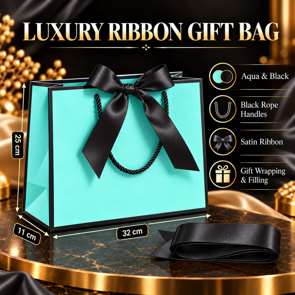 Aqua & Black Luxury Ribbon Gift Bag