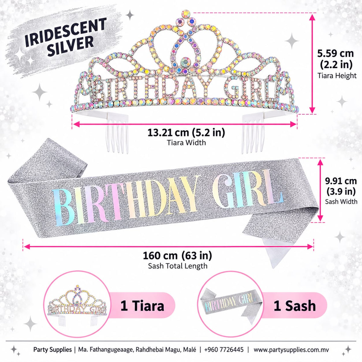 Iridescent Silver Birthday Girl Tiara and Sash Set