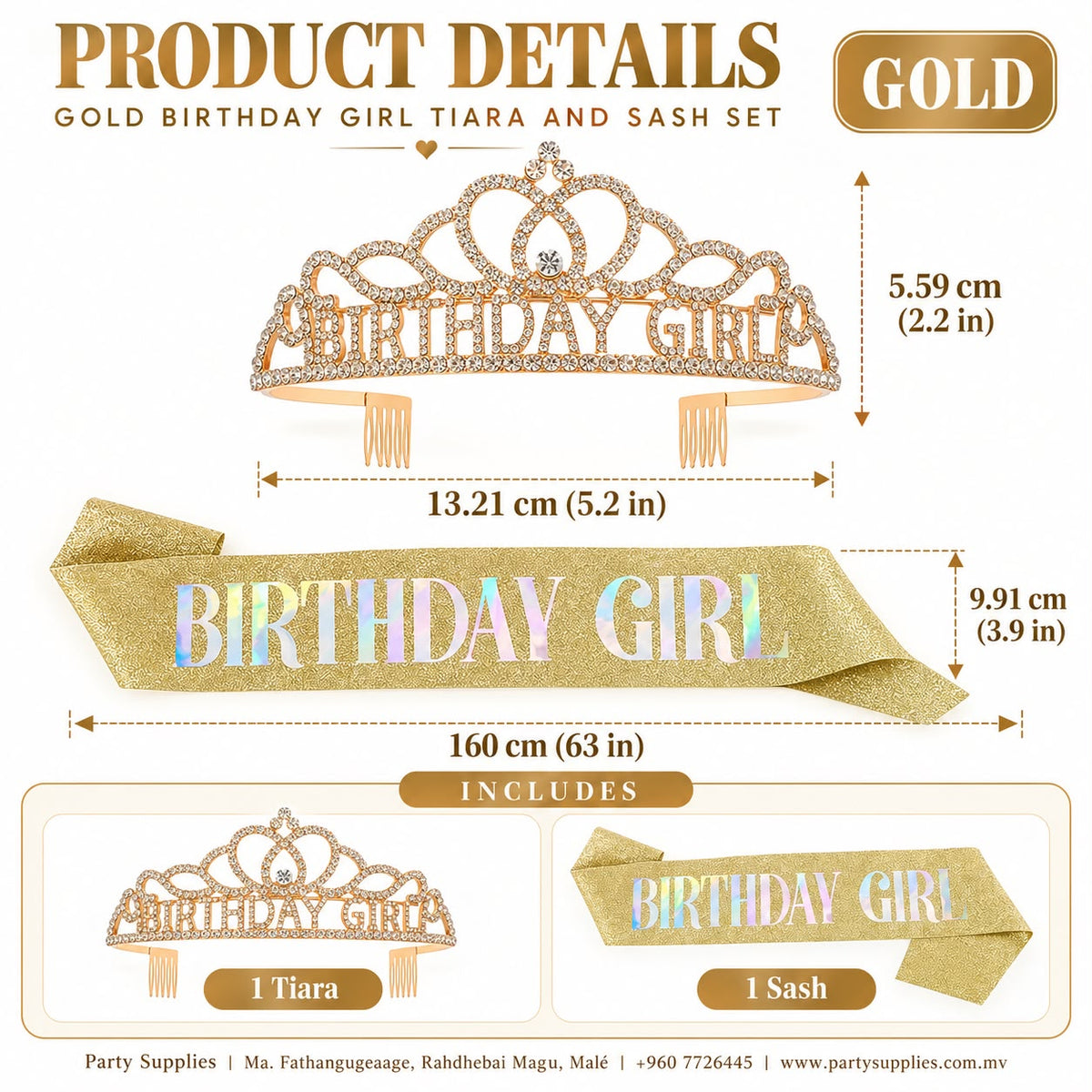 Gold Birthday Girl Tiara and Sash Set
