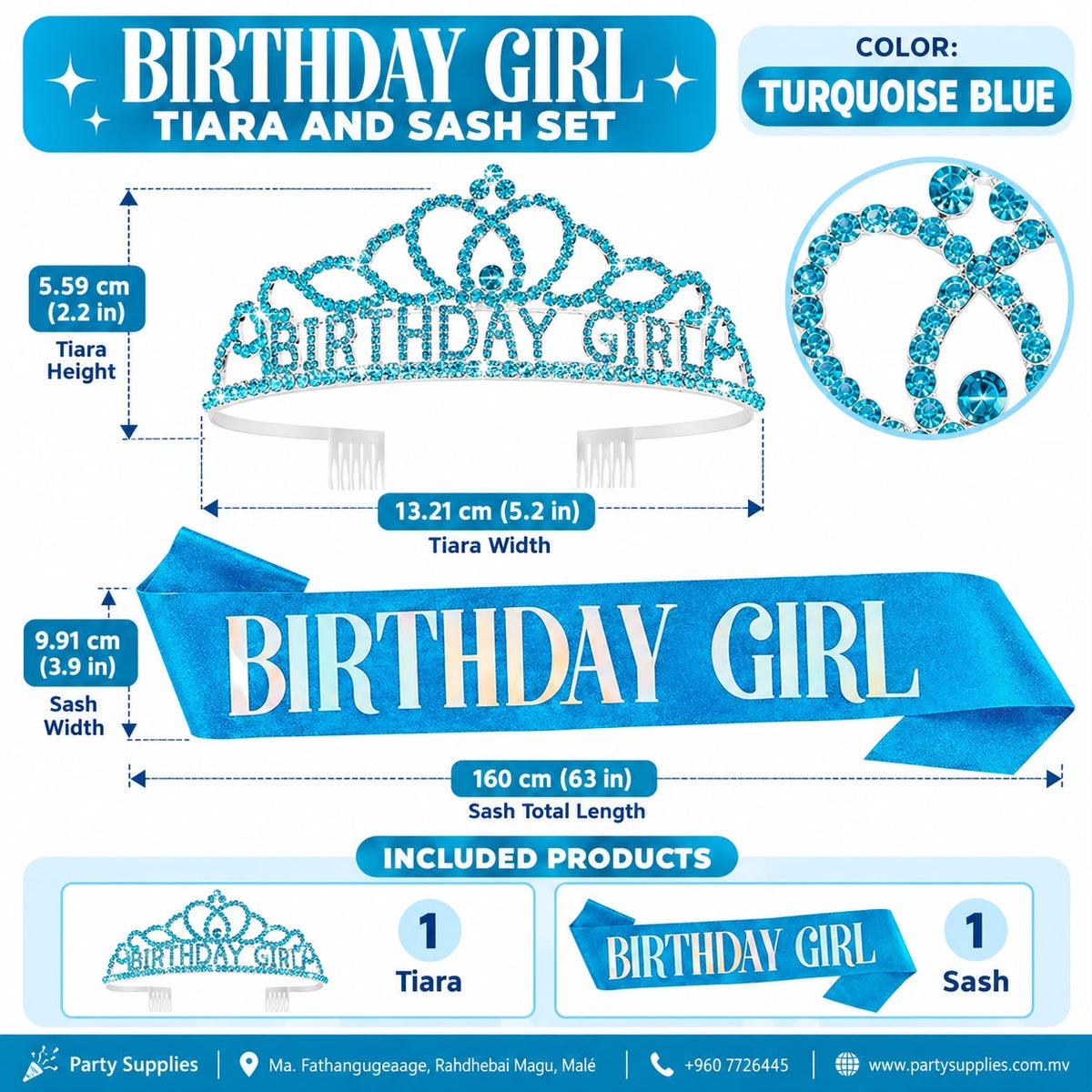 Turquoise Blue Birthday Girl Tiara and Sash Set