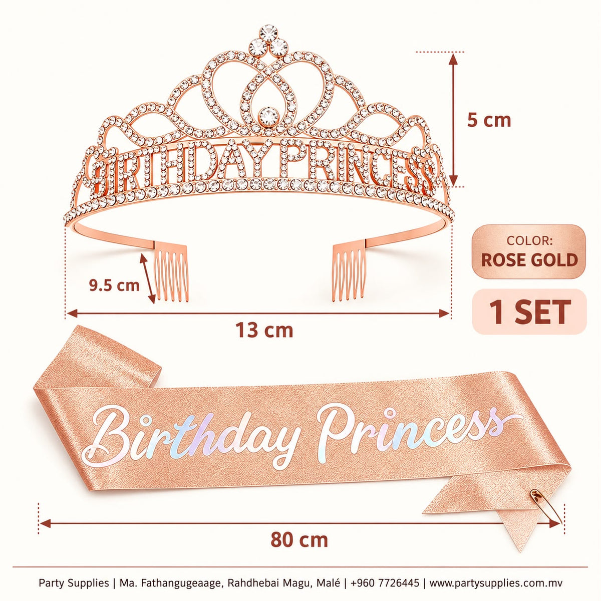 Rose Gold Birthday Princess Tiara and Sash Set