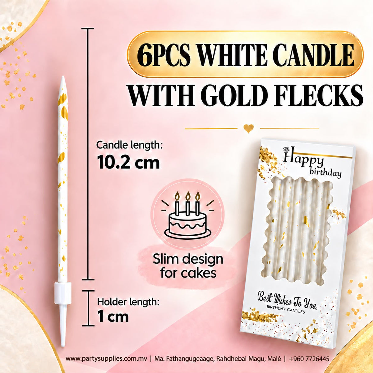 6pcs White Birthday Candles with Gold Flecks
