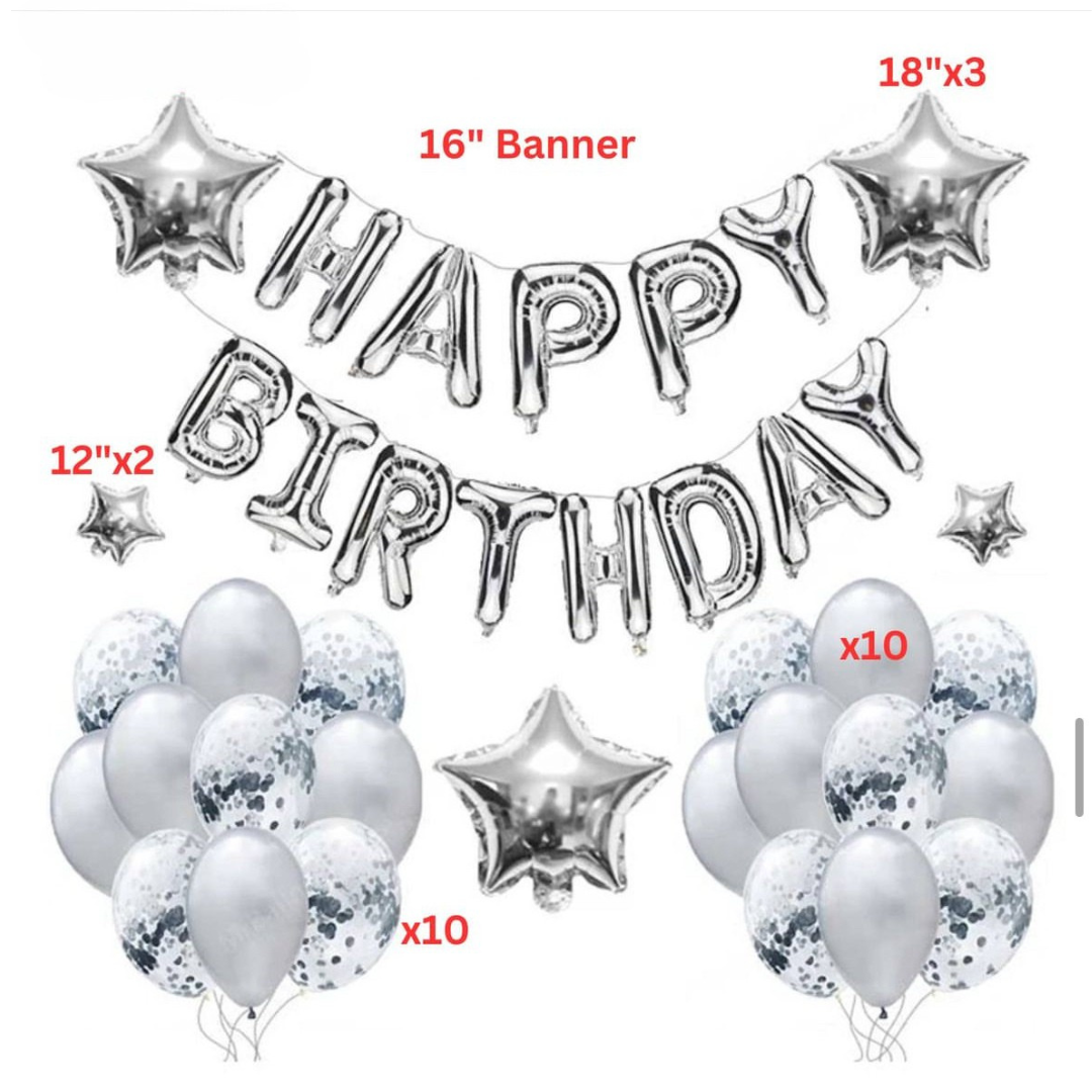 38Pcs Silver Happy Birthday Banner & Star Balloon Set
