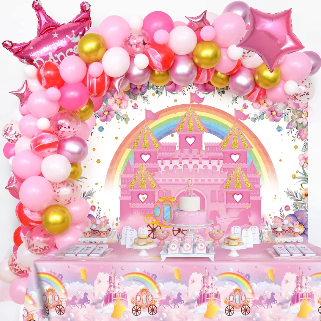 106pcs Princess Theme Pink Balloon Decoration with Backdrop