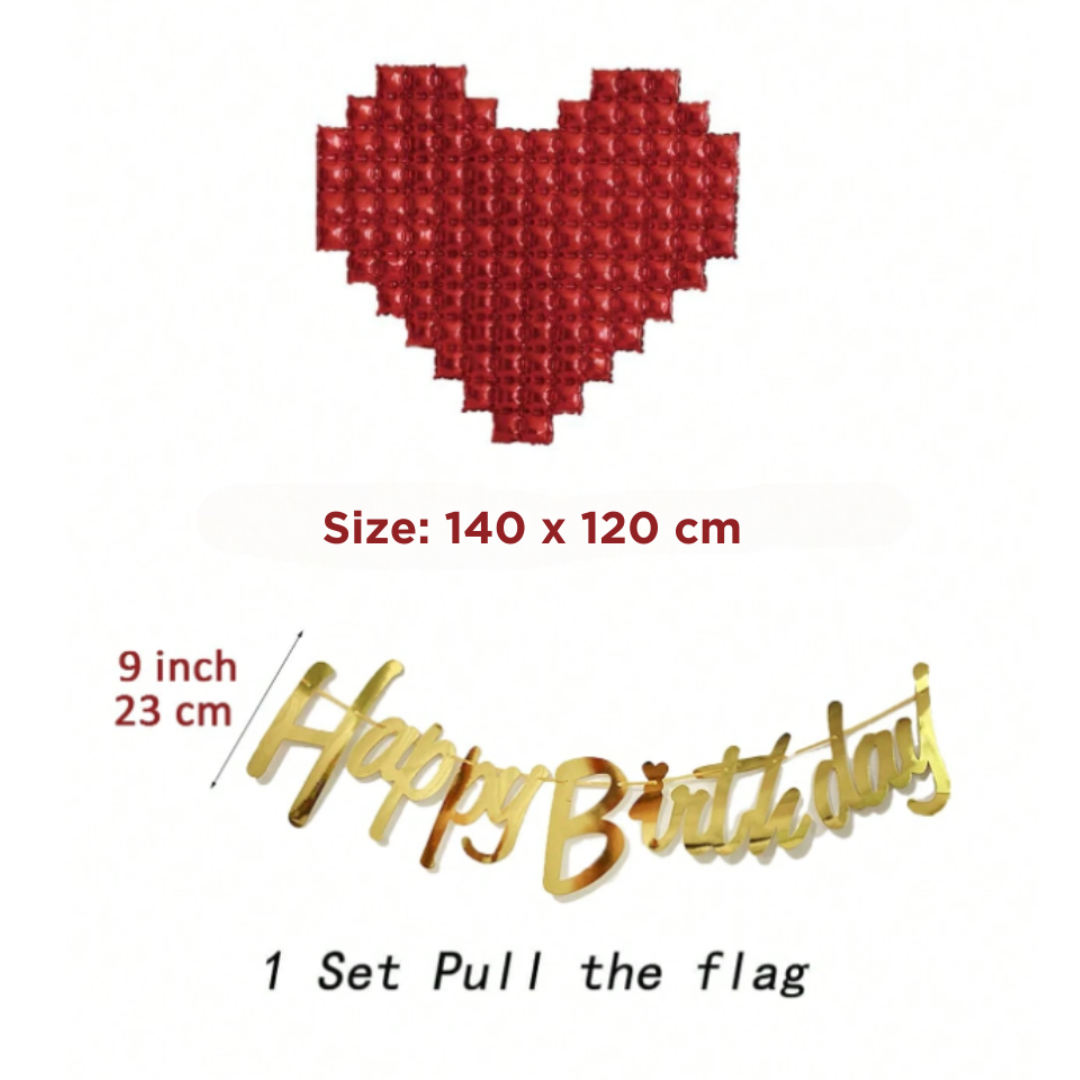 2pcs Red Heart Balloon and Happy Birthday Pull Flag Set