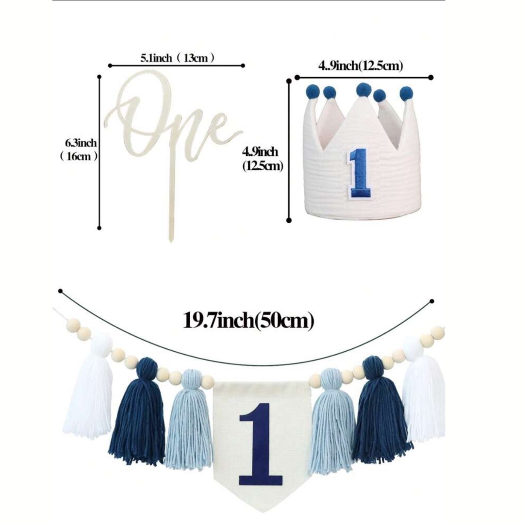 3pcs Boy First Birthday Navy Blue Boho One Cake Topper, Hat and Highchair Banner