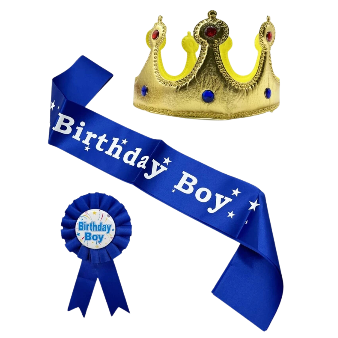 3pcs Birthday Boy Set : Crown, Sash & Badge