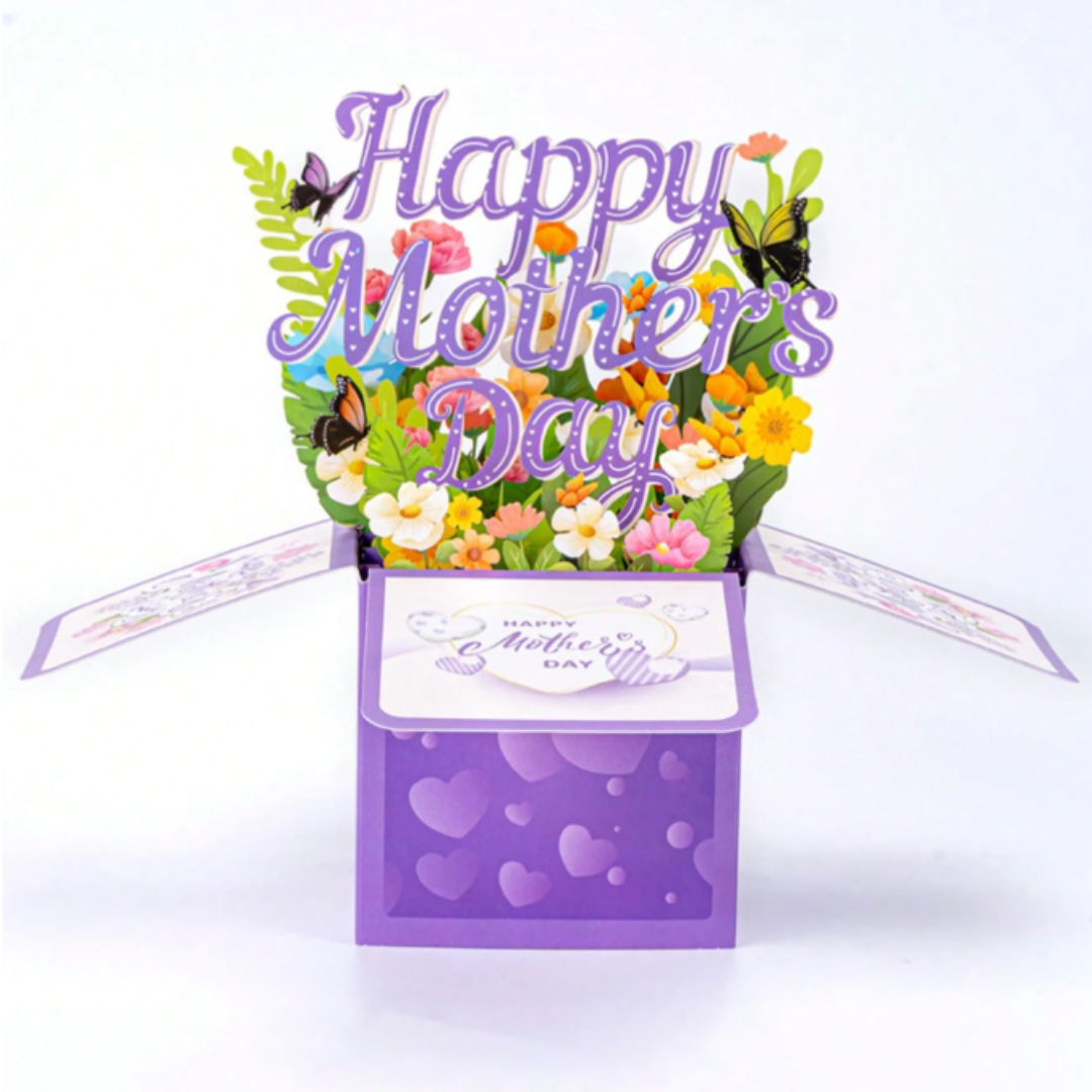 3D Pop-Up Mother's Day Greeting Card With Envelope - Laser Cut Purple Floral Design