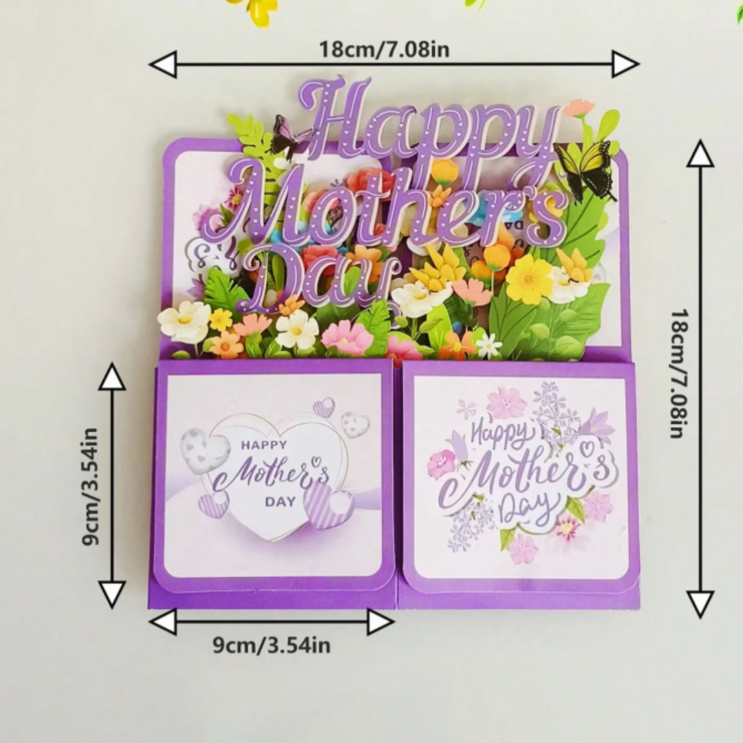 3D Pop-Up Mother's Day Greeting Card With Envelope - Laser Cut Purple Floral Design