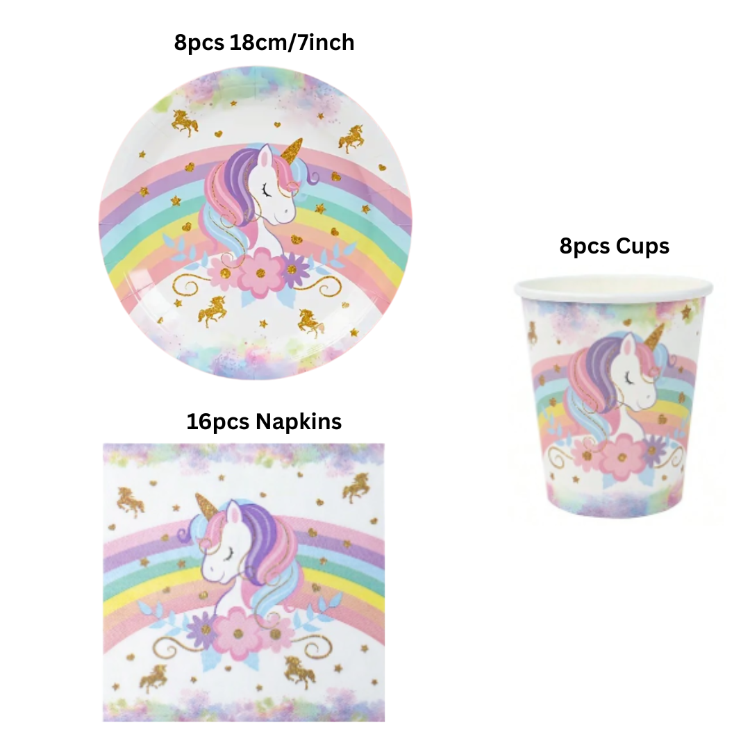 Unicorn Theme Dinnerware Plates, Cups, Napkins