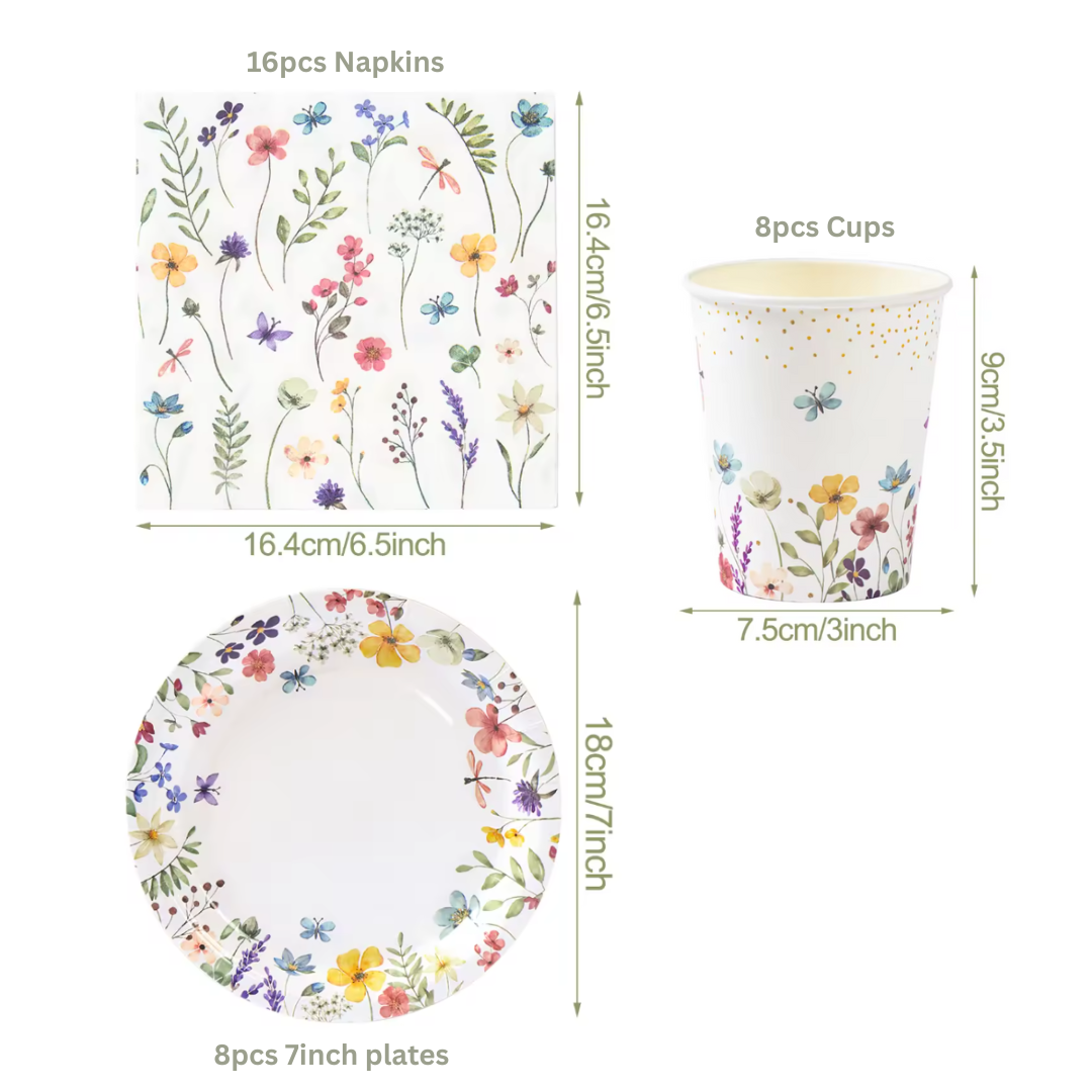 Spring Flower Dinnerware Plates, Cups, Napkins