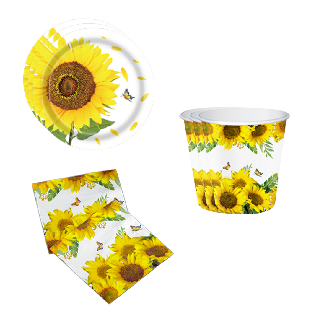 Sunflower Theme Dinnerware Plates, Cups, Napkins