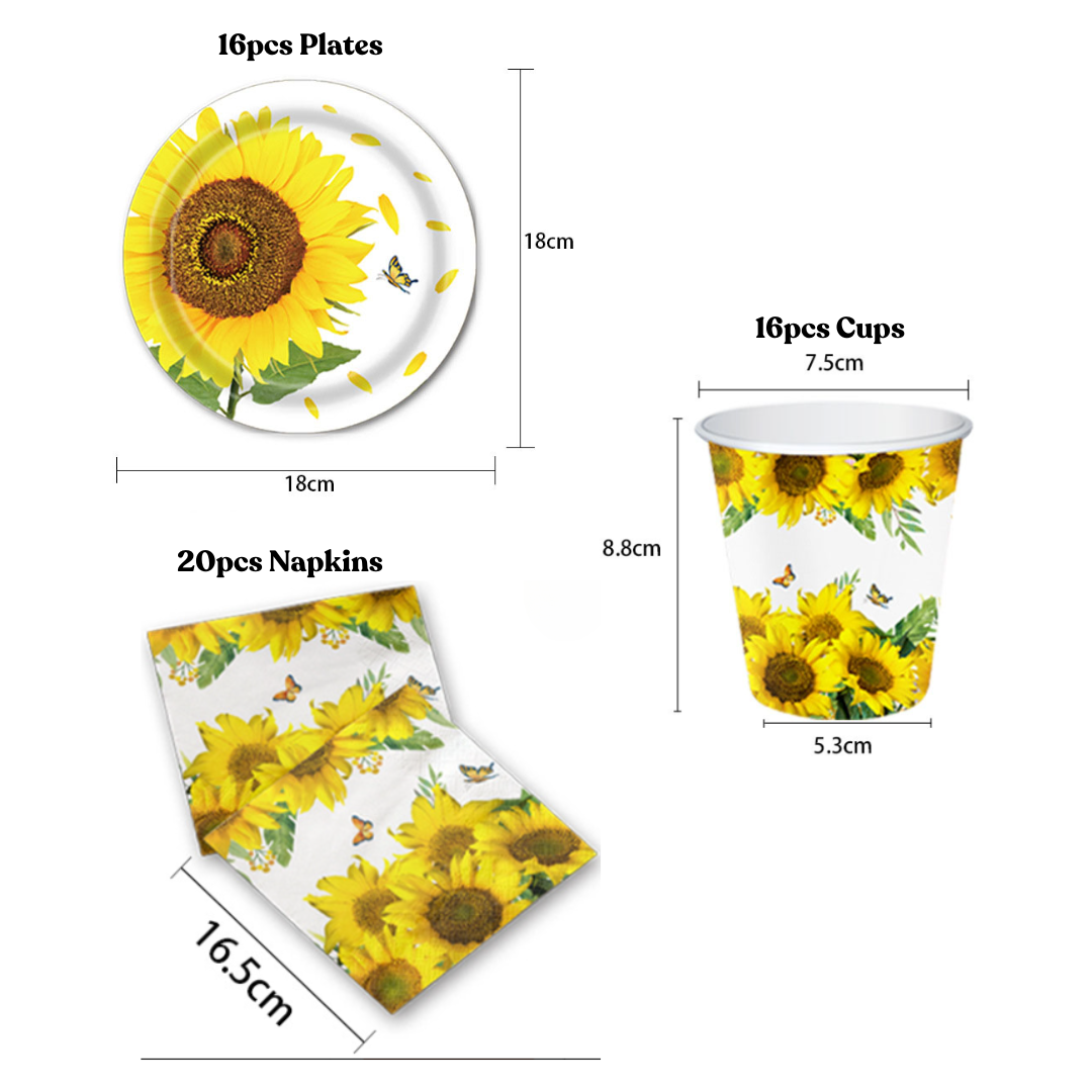 Sunflower Theme Dinnerware Plates, Cups, Napkins