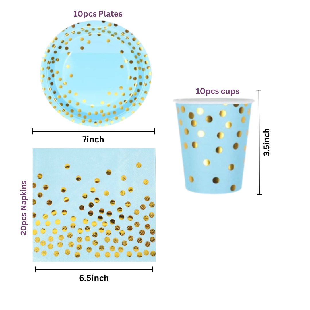 Blue and gold Polka dot Dinnerware, Plates, cups, Napkins