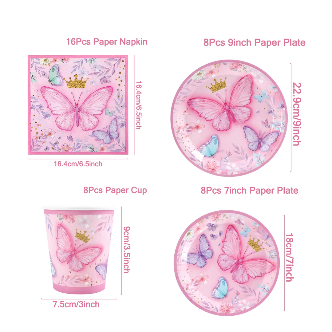 Pink Butterfly Theme Dinnerware Plates, Cups, Napkins