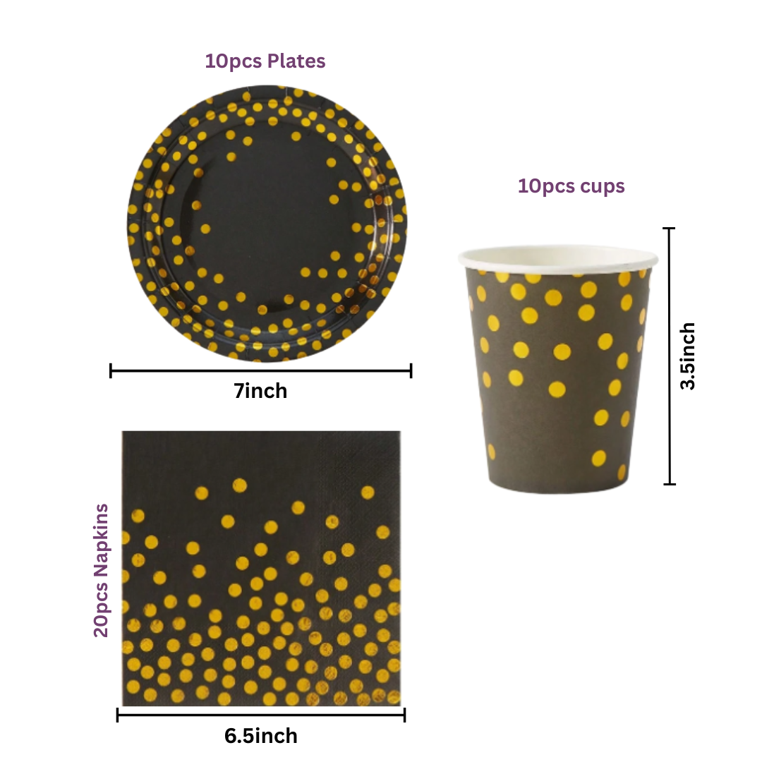 Black and gold Polka dot Dinnerware, Plates, cups, Napkins