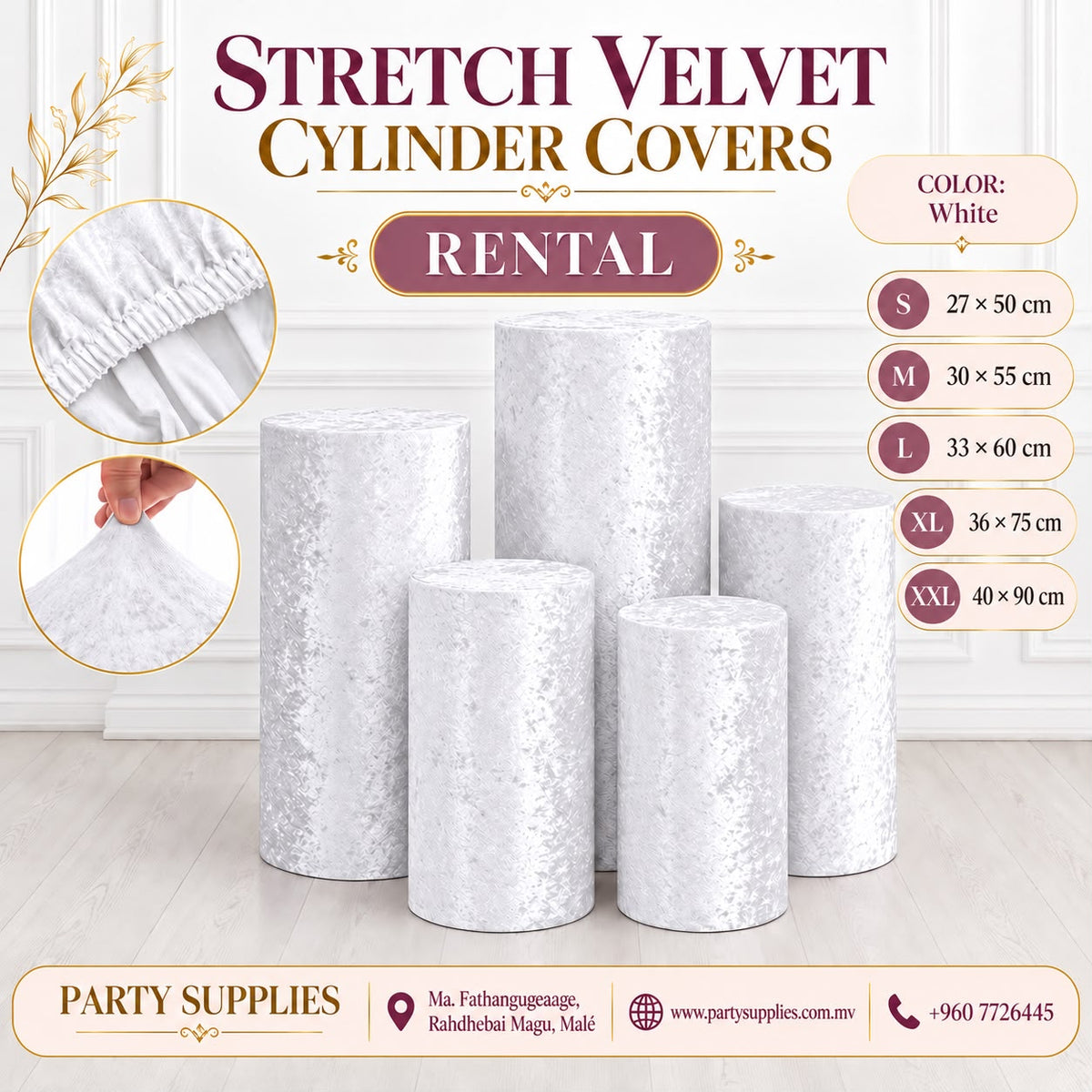White Stretch Velvet Cylinder Covers for RENT